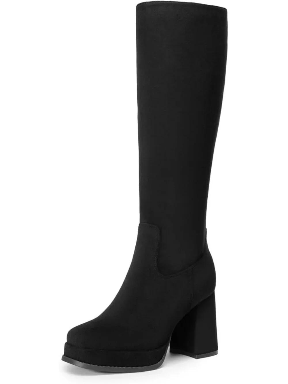 Women Black Suede Chunky Heel Modern Square Toe Cushioned Insole Knee High Boots